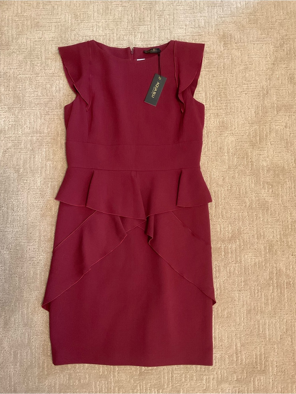 ♦️Aqua Blu Boutique Red Ruffle Peplum Midi Dress NWT Virgin Wool Silk Lined L/M